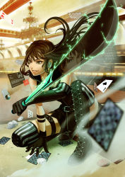 Rule 34 | 1girl, bad id, bad pixiv id, belt, black hair, boots, brown eyes, brown hair, card, circlet, elbow gloves, electricity, floating card, gloves, headset, jewelry, katana, kneeling, long hair, original, playing card, poker chip, reflection, ring, smile, solo, striped, suda ayaka, sword, thigh boots, thighhighs, weapon