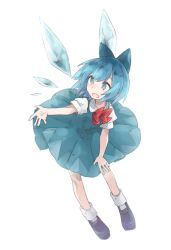 Rule 34 | 1girl, :o, black footwear, blue bow, blue dress, blue eyes, blue hair, bow, bowtie, cirno, dress, full body, hair bow, ice, ice wings, looking to the side, mary janes, puffy short sleeves, puffy sleeves, red bow, shirt, shoes, short hair, short sleeves, simple background, socks, solo, suehachi (hikage), touhou, white background, white shirt, white socks, wings