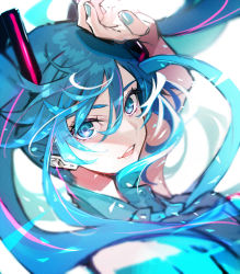 Rule 34 | 1girl, aqua eyes, aqua hair, aqua nails, aqua necktie, arm up, bare shoulders, earrings, eyelashes, female focus, fingernails, hand on own head, hatsune miku, highres, jewelry, long hair, looking at viewer, looking back, nail polish, necktie, open mouth, pokimari, simple background, sleeveless, smile, solo, twintails, upper body, vocaloid, white background