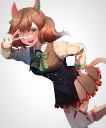 Rule 34 | 1girl, animal ears, black dress, blush, boots, bow, bowtie, brown footwear, brown hair, colored eyelashes, diagonal-striped bow, diagonal-striped bowtie, diagonal-striped clothes, dress, ear covers, green bow, green bowtie, grey eyes, highres, horse ears, horse girl, horse tail, kougekiryoku, leaning forward, long sleeves, medium hair, nice nature (umamusume), one eye closed, open mouth, red bow, red bowtie, red hair, simple background, solo, striped clothes, tail, two side up, umamusume, v, white background
