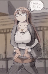 Rule 34 | 1girl, bag, boots, breasts, brown eyes, brown hair, cleavage, glasses, gloves, handbag, hands on thighs, huge breasts, jewelry, knee boots, long hair, miniskirt, necklace, nekokami, o o, plump, skirt, solo