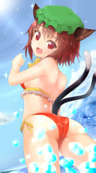 Rule 34 | 1girl, animal ears, ass, back, bikini, blue sky, brown hair, cat ears, cat tail, chen, chiroshiron, cloud, day, fang, hat, highres, looking at viewer, mob cap, multiple tails, nekomata, ocean, open mouth, red bikini, red eyes, side-tie bikini bottom, sky, smile, solo, sparkle, splashing, swimsuit, tail, touhou