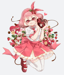 Rule 34 | 1girl, :q, blunt bangs, blush, box, chocolate, closed mouth, collared shirt, commentary, cookie, dress, flower, food, food-themed hair ornament, fruit, full body, gift, hair ornament, hair ribbon, heart, heart-shaped box, holding, holding gift, inkling, inkling girl, inkling player character, jumping, licking lips, light blush, looking at viewer, mask, mimimi (echonolog), miniskirt, necktie, nintendo, petticoat, pink background, pink footwear, pink hair, pink necktie, pink ribbon, pink skirt, pleated dress, pointy ears, puffy short sleeves, puffy sleeves, ribbon, shirt, short hair, short sleeves, skirt, smile, solo, splatoon (series), squid, strawberry, strawberry hair ornament, symbol, symbol-only commentary, tentacle hair, thick eyebrows, thighhighs, tongue, tongue out, valentine, white shirt, white thighhighs