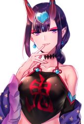 Rule 34 | bad id, bad twitter id, bare shoulders, blunt bangs, bob cut, chinese clothes, dudou, eyeshadow, fate/grand order, fate (series), headpiece, horns, makeup, moe (hamhamham), oni, pointy ears, purple hair, short eyebrows, shuten douji (fate), shuten douji (fate/grand order), shuten douji (halloween caster) (fate), simple background, skin-covered horns, solo, thick eyebrows, upper body, white background