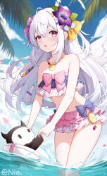 Rule 34 | 1girl, absurdres, angel wings, azusa (blue archive), azusa (swimsuit) (blue archive), bare arms, bare legs, bare shoulders, bikini, blue archive, blush, bow, chinese commentary, collarbone, crossed bangs, day, feathered wings, feet out of frame, flat chest, flower, food print, frilled bikini, frills, fruit print, hair between eyes, hair flower, hair ornament, highres, long hair, official alternate costume, open mouth, orange print, outdoors, palm leaf, partially submerged, pink bikini, pink bow, pink eyes, poinia, purple bikini, purple bow, purple flower, solo, swimsuit, twitter username, water, white hair, white wings, wings