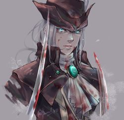 Rule 34 | 1girl, blood, blood stain, bloodborne, blue eyes, gem, glowing, glowing eyes, hat, hat feather, lady maria of the astral clocktower, ponytail, tricorne, weapon, white hair, yumi (soak1111)