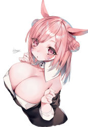Rule 34 | 1girl, animal ears, blush, breasts, cat ears, cleavage, detached collar, double bun, facial mark, final fantasy, final fantasy xiv, hair bun, highres, hime gyo, large breasts, miqo&#039;te, pink eyes, pink hair, signature, simple background, solo, upper body, warrior of light (ff14), whisker markings, white background
