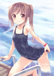 Rule 34 | 1girl, adjusting clothes, adjusting swimsuit, arched back, barefoot, blush, brown eyes, brown hair, covered navel, hair ornament, hairclip, kyuri, one-piece swimsuit, one-piece tan, on one knee, original, ponytail, pool, pool ladder, school swimsuit, smile, solo, swimsuit, tan, tanline, wading, wet, wet clothes