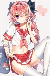 Rule 34 | 1boy, astolfo (fate), astolfo (sailor paladin) (fate), bag, black ribbon, blouse, braid, braided ponytail, closed mouth, clothes lift, commentary request, crop top, crossdressing, fang, fang out, fate/apocrypha, fate (series), gijang, hair intakes, hair ribbon, hand up, heart, knee up, lifting own clothes, long hair, looking at viewer, male focus, midriff, multicolored hair, navel, neckerchief, official alternate costume, one eye closed, pink hair, pink neckerchief, pleated skirt, purple eyes, red sailor collar, red skirt, ribbon, sailor collar, school bag, school uniform, serafuku, shirt, short hair, single braid, sitting, skirt, skirt lift, smile, solo, star (symbol), streaked hair, thighhighs, trap, two-tone hair, v, very long hair, white shirt, white thighhighs