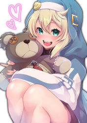 Rule 34 | 1boy, :d, absurdres, blonde hair, bridget (guilty gear), chikage (blackclownery), green eyes, guilty gear, guilty gear strive, hair between eyes, heart, highres, holding, holding stuffed toy, legs, long sleeves, looking at viewer, male focus, nun, open mouth, short hair, smile, squatting, stuffed animal, stuffed toy, teddy bear, teeth, trap, upper teeth only