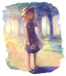 Rule 34 | 1girl, :d, ^ ^, artist name, bad id, bad pixiv id, blonde hair, blush, closed eyes, dress, closed eyes, floral print, flower, full body, grass, hair between eyes, hat, highres, holding, holding flower, miu pachi, open mouth, original, outdoors, path, road, sandals, short sleeves, smile, solo, standing, tree, twintails