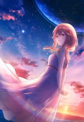 Rule 34 | 1girl, absurdres, arms behind back, bare arms, closed mouth, cloud, dress, evening, guilty crown, hair ornament, hair tubes, hairclip, highres, hoshino mizuki (hoshino 263f), lens flare, long hair, ocean, outdoors, pink hair, planet, red eyes, scenery, sky, smile, space, standing, star (sky), starry sky, sunset, white dress, yuzuriha inori