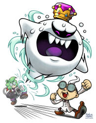 absurdres crown ghost highres jewelry king_boo luigi&#039;s_mansion mario_(series) mast3r-rainb0w nintendo poltergust_5000 professor_elvin_gadd scientist vacuum_cleaner white_background