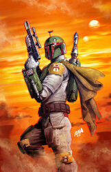 Rule 34 | 1boy, armor, belt, boba fett, brown pants, commentary, dated, david nakayama, english commentary, gloves, gun, helmet, highres, holding, holding gun, holding weapon, initial, jetpack, looking at viewer, moon, orange sky, outdoors, pants, sky, solo, star wars, watermark, weapon, white gloves