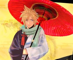 Rule 34 | 1boy, blonde hair, blue eyes, closed mouth, cloud strife, cloud strife (official festive garb), crossed arms, final fantasy, final fantasy vii, final fantasy vii ever crisis, final fantasy vii remake, flower knot, hair between eyes, holding, holding umbrella, japanese clothes, light smile, lurowono, male focus, official alternate costume, oil-paper umbrella, scarf, short hair, signature, solo, spiked hair, two-tone kimono, umbrella, upper body, wide sleeves, yellow background