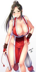 Rule 34 | 1girl, 2019, arm guards, bare shoulders, breasts, brown hair, cleavage, clenched teeth, folded fan, cosplay, dated, embarrassed, fatal fury, female focus, folding fan, green eyes, hand fan, high ponytail, highres, idolmaster, idolmaster cinderella girls, large breasts, leaning forward, long hair, mukai takumi, ninja, pelvic curtain, ponytail, revealing clothes, rope, shiranui mai, sidelocks, signature, solo, sweat, teeth, the king of fighters, thighs, yoohi