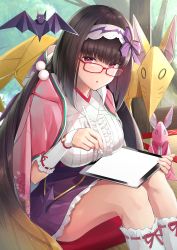 Rule 34 | 1girl, :o, bad id, bad pixiv id, black hair, breasts, brown hair, commentary request, fate/grand order, fate (series), floral print, frilled shirt, frills, glasses, gradient hair, hairband, holding, holding stylus, japanese clothes, kimono, kneehighs, large breasts, long hair, looking at viewer, looking over eyewear, miniskirt, multicolored hair, origami, osakabehime (fate), parted lips, pink kimono, pleated skirt, pom pom (clothes), purple skirt, red-framed eyewear, red eyes, shirt, sitting, skirt, socks, solo, stylus, tablet pc, thighs, umihotaru harumare, very long hair, white socks, white shirt