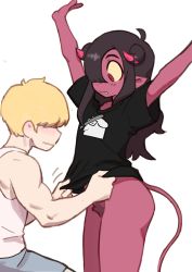 Rule 34 | 1boy, 1girl, @ @, arms up, black shirt, blonde hair, blush, closed mouth, colo (nagrolaz), colored sclera, colored skin, contrapposto, demon girl, dressing another, fang, fang out, female pubic hair, hands up, hetero, highres, horns, naked shirt, original, paralysis demon (colo (nagrolaz)), pink skin, pointy ears, pubic hair, red eyes, shirt, simple background, standing, tail, white background, yellow sclera
