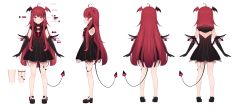 Rule 34 | 1girl, absurdres, ahoge, amashiro natsuki, araka luto, black dress, black footwear, character sheet, color guide, commentary, demon girl, demon tail, demon wings, dress, elbow gloves, english commentary, eyebrows hidden by hair, gloves, hair ornament, head wings, highres, prism project, red hair, red wings, shoes, simple background, sleeveless, tail, virtual youtuber, white background, wings