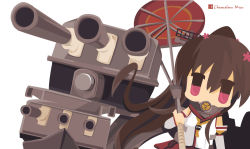Rule 34 | 10s, 1girl, bad id, bad pixiv id, brown eyes, brown hair, chameleon man (three), chibi, flat color, holding, kantai collection, looking at viewer, no lineart, ponytail, solo, turret, umbrella, yamato (kancolle)