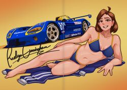 Rule 34 | 1girl, 3d, absurdres, arhentol, bikini, blue bikini, blue car, blue jacket, blue pants, breasts, breasts apart, brown eyes, brown hair, car, character name, character signature, collarbone, dodge (company), dodge viper, fake scan, hair behind ear, highres, jacket, looking at viewer, lying, lying on clothes, medium breasts, mixed media, mole, mole on breast, motor vehicle, navel, on side, original, pants, parted lips, race vehicle, racecar, raelyn cunningham (arhentol), smile, solo, spoiler (automobile), sweatpants, swimsuit, track jacket, unworn pants, yellow background