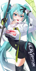 Rule 34 | 1girl, absurdres, aqua hair, asymmetrical bodysuit, black bodysuit, black gloves, blue eyes, bodysuit, breasts, chinese commentary, commentary request, covered navel, cropped jacket, feet out of frame, flag, flame print, gloves, goodsmile racing, green gloves, hand up, hatsune miku, highres, holding, holding flag, jacket, long hair, long sleeves, medium breasts, open mouth, racing miku, racing miku (2022), single thighhigh, smiley face, solo, suyujiu u, teeth, text print, thighhighs, twintails, two-tone gloves, upper teeth only, v, very long hair, vocaloid, white jacket