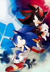 Rule 34 | 2boys, bad id, bad pixiv id, frown, furry, furry male, gloves, grin, male focus, multiple boys, naoko (juvenile), shadow the hedgehog, shoes, smile, sneakers, sonic (series), sonic the hedgehog