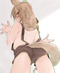 Rule 34 | 1girl, :d, arknights, ass, back, bare arms, bare shoulders, beanstalk (arknights), blush, braid, brown hair, clothing cutout, cow, from behind, grin, hair over shoulder, highres, kochiya (gothope), leaning forward, long hair, looking at viewer, looking back, naked overalls, open mouth, overalls, parted lips, red eyes, single braid, smile, solo, tail, tail through clothes