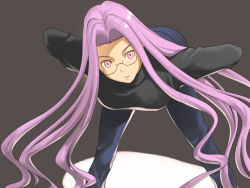 Rule 34 | 00s, 1girl, bent over, breasts, denim, fate/stay night, fate (series), glasses, jeans, large breasts, long hair, medusa (fate), medusa (rider) (fate), official alternate costume, pants, pink eyes, purple hair, simple background, solo, square pupils, sweater, very long hair, yizumi