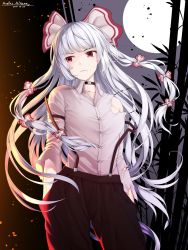 Rule 34 | 1girl, baggy pants, bamboo, bamboo forest, bow, buttons, choker, collared shirt, fire, forest, fujiwara no mokou, hair bow, highres, hime cut, long hair, long sleeves, mitama mudimudi, moon, multi-tied hair, multiple hair bows, nature, pants, red eyes, red pants, shirt, sidelocks, single bare shoulder, sleeve garter, suspenders, torn clothes, torn sleeves, touhou, very long hair, white bow, white hair, white shirt