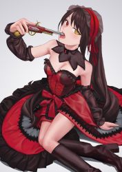Rule 34 | 1girl, black thighhighs, boots, breasts, cleavage, date a live, date a live: date a bullet, dress, full body, gothic lolita, gun, heterochromia, k-k, knee boots, lolita fashion, long hair, looking at viewer, medium breasts, open mouth, red dress, red eyes, solo, thighhighs, thighs, tokisaki kurumi, twintails, weapon, yellow eyes