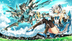 Rule 34 | 1girl, blue bow, blue eyes, bow, breasts, energy wings, flying, garimpeiro, gun, hair bow, highres, holding, holding gun, holding staff, holding weapon, horns, mecha, mechanical wings, original, robot, short hair, single horn, sitting, small breasts, staff, thighhighs, thighs, weapon, white hair, wings