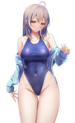 Rule 34 | 1girl, absurdres, ahoge, blue jacket, blue one-piece swimsuit, breasts, brown eyes, brown hair, collarbone, covered navel, highleg, highleg swimsuit, highres, hololive, hololive english, jacket, kon (07263545), large breasts, looking at viewer, multicolored hair, nanashi mumei, navel, new school swimsuit, one-piece swimsuit, open clothes, open jacket, school swimsuit, sidelocks, simple background, solo, streaked hair, swimsuit, thigh gap, virtual youtuber, white background