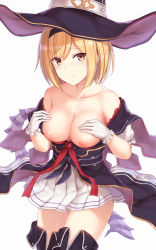 Rule 34 | 10s, 1girl, bare shoulders, black hairband, blonde hair, breasts, breasts out, cai geng, cleavage, closed mouth, collarbone, commentary request, cowboy shot, djeeta (granblue fantasy), frilled gloves, frilled sleeves, frills, gloves, granblue fantasy, hairband, hands on own chest, hat, highres, looking at viewer, medium breasts, nipples, no bra, off shoulder, short hair, simple background, skirt, solo, standing, warlock (granblue fantasy), white background, white gloves, white skirt, witch hat, yellow eyes