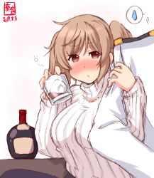 Rule 34 | 1boy, 1girl, admiral (kancolle), alcohol, alternate costume, blush, bottle, breasts, brown eyes, closed mouth, dated, drunk, epaulettes, highres, ice, kanon (kurogane knights), kantai collection, large breasts, light brown hair, long hair, military, military uniform, murasame (kancolle), naval uniform, simple background, squeans, sweater, twintails, uniform, white background, white sweater