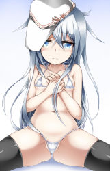 Rule 34 | 10s, 1girl, bikini, black thighhighs, blue eyes, hammer and sickle, hat, hibiki (kancolle), kantai collection, long hair, looking at viewer, shimo (depthbomb), silver hair, solo, swimsuit, thighhighs, verniy (kancolle), white background, white bikini