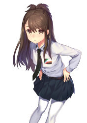 Rule 34 | 10s, 1girl, amaretto (girls und panzer), belt, belt buckle, black necktie, blue skirt, breasts, brown eyes, brown hair, buckle, character request, closed mouth, collared shirt, expressionless, extra, eyebrows, girls und panzer, hands on own hips, highres, italian flag, kagematsuri, long sleeves, looking at viewer, necktie, pantyhose, pleated skirt, shirt, simple background, skirt, small breasts, solo, standing, tareme, white background, white pantyhose, white shirt, wing collar