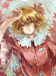 Rule 34 | 1girl, :o, aki shizuha, arm on own head, bad id, bad pixiv id, blonde hair, dress, faux traditional media, hair ornament, leaf, leaf hair ornament, looking at viewer, mai yukari, open mouth, partially submerged, red dress, short hair, solo, touhou, water, yellow eyes