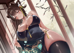 1girl absurdres animal_ears black_dress black_hair black_thighhighs blush breasts brown_eyes china_dress chinese_clothes closed_mouth covered_navel dress dutch_angle floral_print hair_ornament highres honda_poko indie_virtual_youtuber large_breasts long_hair looking_at_viewer panties pantyshot print_dress seductive_smile side_slit sidelocks smile solo standing taut_clothes taut_dress thighhighs thighs underwear virtual_youtuber ya_ta