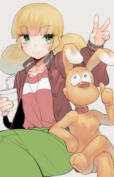 Rule 34 | 1girl, animification, bendy straw, blonde hair, blush, brain (inspector gadget), cup, dog, drinking straw, green eyes, inspector gadget, jacket, looking at viewer, naso4, penny (inspector gadget), short twintails, simple background, sitting, sketch, smile, twintails, v