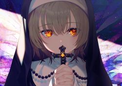 Rule 34 | 1girl, achiki, bad id, bad twitter id, beads, brown hair, commentary request, cross, glint, habit, hair between eyes, holding, holding cross, interlocked fingers, looking at viewer, nun, open mouth, orange eyes, original, own hands together, portrait, rosary, short hair, solo, symbol-shaped pupils, veil