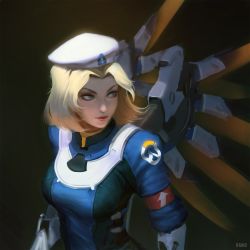 Rule 34 | 1girl, alternate hairstyle, armband, artist name, beret, blonde hair, blue bodysuit, blue eyes, bodysuit, breasts, combat medic ziegler, dark background, emblem, eyelashes, eyeliner, green background, hat, highres, lips, logo, long sleeves, looking away, looking to the side, makeup, mascara, mechanical wings, medium breasts, mercy (overwatch), nose, official alternate costume, overwatch, overwatch 1, parted bangs, parted lips, pink lips, raikoart, short hair, solo, turtleneck, upper body, vambraces, white hat, wings, yellow wings