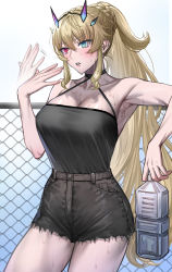Rule 34 | 1girl, absurdres, alternate body size, bad id, bad twitter id, bare shoulders, blonde hair, breasts, cleavage, collarbone, barghest (fate), fate/grand order, fate (series), green eyes, heterochromia, highres, horns, large breasts, long hair, nipi27, red eyes, solo, thighs