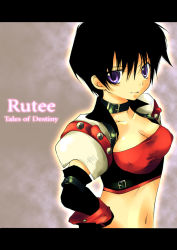 Rule 34 | 1girl, black hair, black neckwear, breasts, character name, cleavage, collar, copyright name, elbow gloves, gloves, letterboxed, medium breasts, midriff, purple eyes, rutee katrea, short hair, smile, solo, tales of (series), tales of destiny, upper body, yu yu