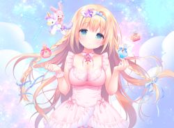 Rule 34 | 1girl, animal, bare arms, blonde hair, blue hairband, blue ribbon, blush, bow, braid, breasts, cancer (constellation), cloud, collarbone, commentary request, constellation, dress, fingernails, green eyes, hair ornament, hair ribbon, hairband, hands up, head tilt, large breasts, long hair, looking at viewer, original, parted lips, pink bow, pink dress, pink ribbon, piyodera mucha, rabbit, ribbon, sidelocks, sleeveless, sleeveless dress, solo, star (symbol), star hair ornament, twin braids, unicorn, very long hair, wrist cuffs