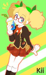 Rule 34 | 1girl, afro puffs, aikatsu!, aikatsu! (series), bendy straw, blonde hair, blue eyes, bow, cup, disposable cup, drinking straw, glasses, highres, holding, holding cup, light frown, long sleeves, plaid, plaid skirt, pt5 (petako), red-framed eyewear, red bow, saegusa kii, school uniform, skirt, solo, striped, striped background