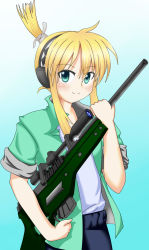 Rule 34 | 1girl, bad id, bad pixiv id, blonde hair, female focus, gradient background, green eyes, gun, highres, iris (material sniper), material sniper, ponytail, reyzin, rifle, scope, scrunchie, sleeves rolled up, smile, sniper rifle, solo, weapon