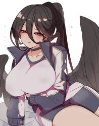Rule 34 | 1girl, arm under breasts, black choker, black hair, black wings, blue archive, blue jacket, blue shorts, blush, breasts, choker, collarbone, commentary request, double-parted bangs, feathered wings, gym shirt, gym shorts, hair between eyes, hasumi (blue archive), hasumi (track) (blue archive), highres, huge breasts, jacket, kawamochi (tddm3573), long bangs, low wings, mole, mole under eye, official alternate costume, official alternate hairstyle, open mouth, partially unzipped, ponytail, red eyes, shirt, shorts, simple background, sitting, solo, sweat, white background, white shirt, wings
