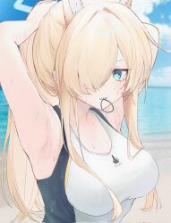 Rule 34 | 1girl, animal ear fluff, animal ears, aqua eyes, aqua halo, armpits, arms behind head, bare shoulders, beach, black hairband, blonde hair, blue archive, blue eyes, blue sky, blush, breasts, clear sky, clenched teeth, cloud, cloudy sky, collarbone, commentary request, competition swimsuit, crossed bangs, day, dog ears, dog girl, double vertical stripe, emblem, extra ears, hair intakes, hair over breasts, hair over one eye, hairband, halo, hands in hair, head tilt, high ponytail, highres, kanna (blue archive), kanna (swimsuit) (blue archive), large breasts, long hair, looking at viewer, nerujwo, ocean, official alternate costume, one-piece swimsuit, open mouth, outdoors, ponytail, sharp teeth, sidelocks, sky, slit pupils, solo, standing, swept bangs, swimsuit, teeth, upper body, v-shaped eyebrows, wet, white one-piece swimsuit
