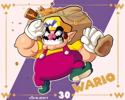 Rule 34 | 1boy, absurdres, andrew schlueter, big nose, cleft chin, clenched hand, crown, facial hair, gloves, green footwear, grin, highres, muscular, muscular male, mustache, nintendo, overalls, pointy ears, purple overalls, shirt, smile, super smash bros., thick eyebrows, treasure, treasure chest, twitter username, wario, wario land, white gloves, yellow shirt